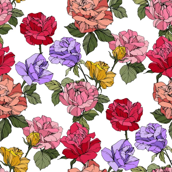 Hermosas Rosas Vectoriales Flores Botánicas Florales Hojas Salvajes Primavera Tinta — Vector de stock