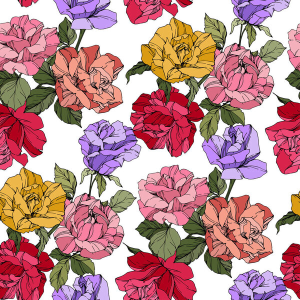 Beautiful vector roses. Floral botanical flowers. Wild spring leaves. Red, yellow and purple engraved ink art. Seamless background pattern. Fabric wallpaper print texture.