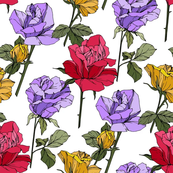 Schöne Vektorrosen Blütenbotanische Blumen Wilde Frühlingsblätter Rote Gelbe Und Violette — Stockvektor