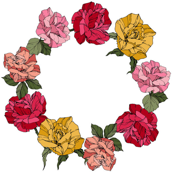 Vector Roses. Floral botanical flowers. Wild spring leaves. Red, pink and yellow engraved ink art. Frame border ornament wreath.