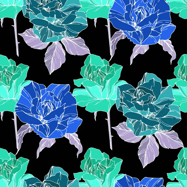 Beautiful vector roses. Wild spring leaves. Green and blue engraved ink art. Seamless background pattern. Fabric wallpaper print texture. — Stock Illustration Beautiful Vector Roses Wild Spring Leaves Green Blue Engraved Ink Stock Vector