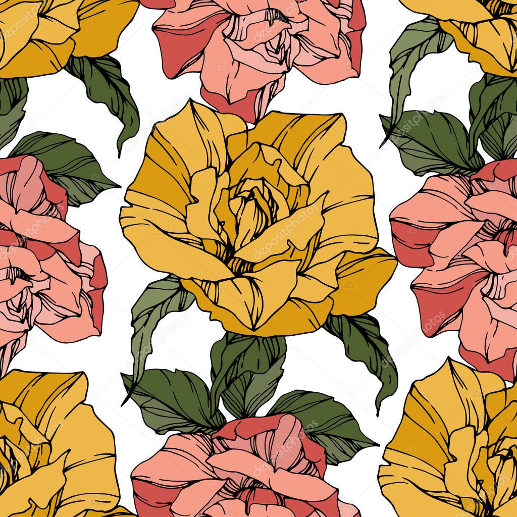 Beautiful vector roses. Wild spring leaves. Coral and yellow engraved ink art. Seamless background pattern. Fabric wallpaper print texture.