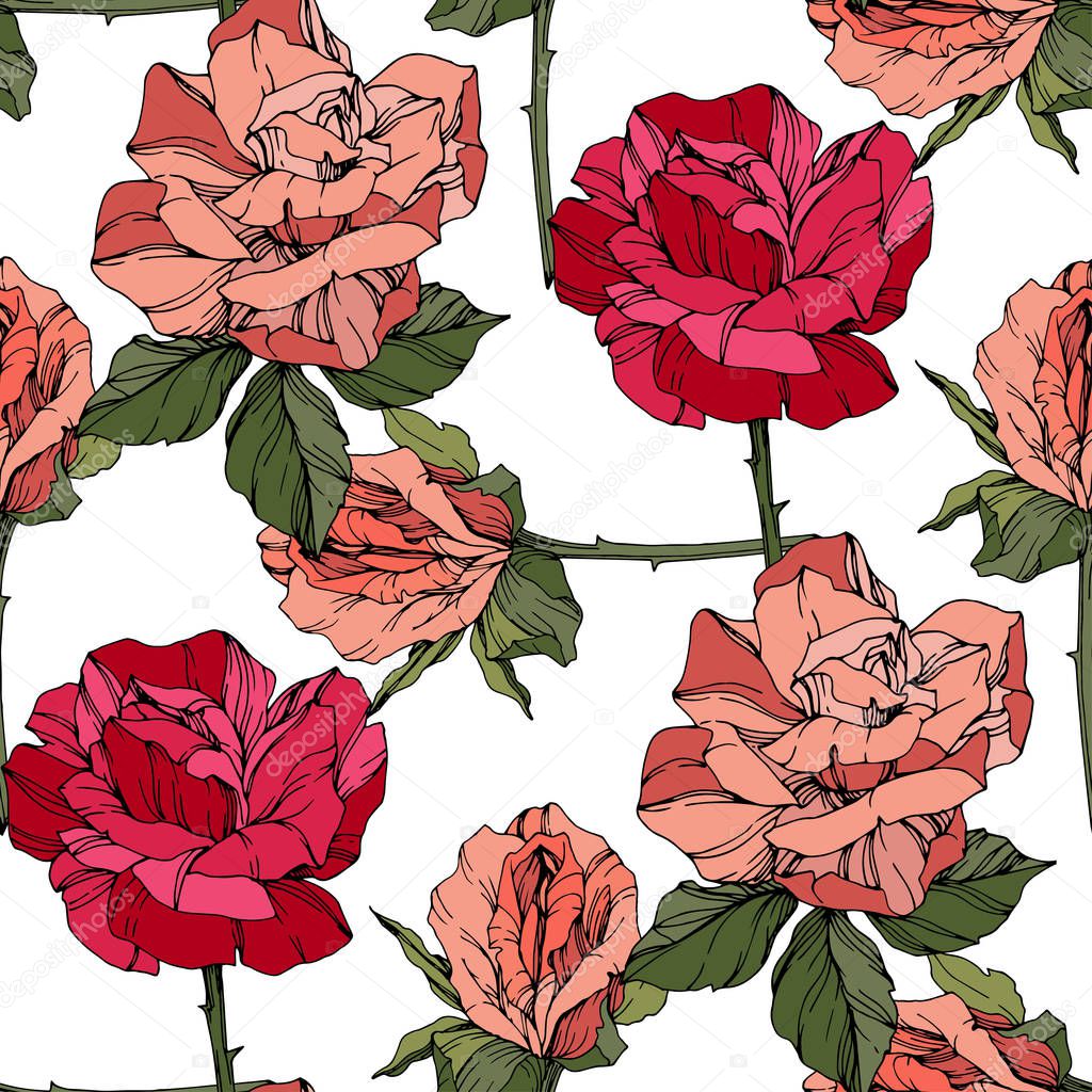 Beautiful vector roses. Wild spring leaves. Coral and red engraved ink art. Seamless background pattern. Fabric wallpaper print texture.