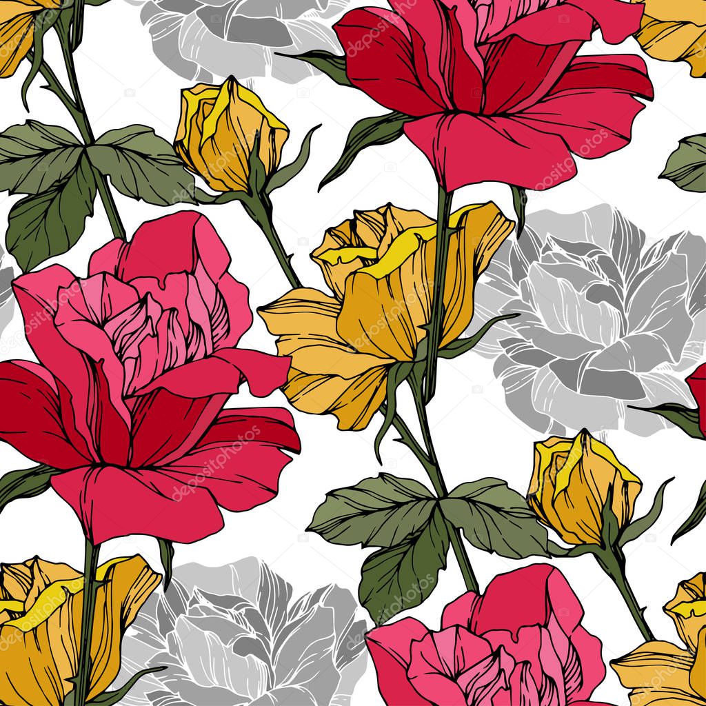 Beautiful vector roses. Wild spring leaves. Red and yellow engraved ink art. Seamless background pattern. Fabric wallpaper print texture.