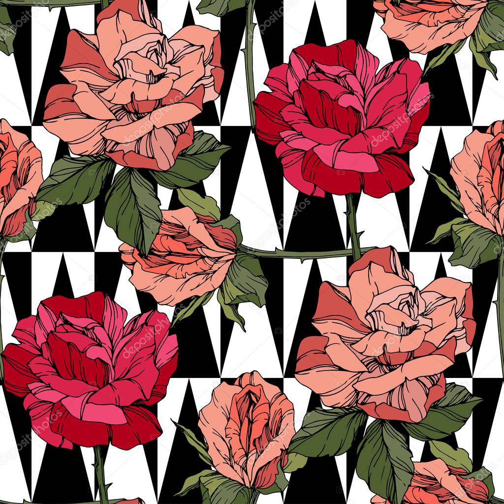 Beautiful vector roses. Floral botanical flowers. Wild spring leaves. Coral and red engraved ink art. Seamless background pattern. Fabric wallpaper print texture.