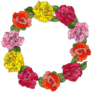 Vector Roses. Floral botanical flowers. Wild spring leaves. Red, pink and yellow engraved ink art. Frame border ornament wreath. clipart