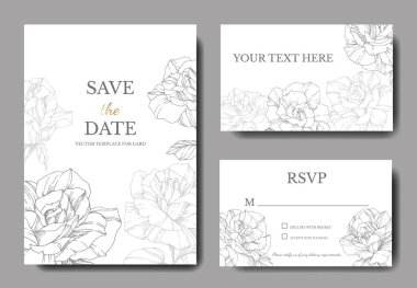 White cards with rose flowers. Wedding cards with floral decorative engraved ink art. Thank you, rsvp, invitation elegant cards illustration graphic set banners.  clipart