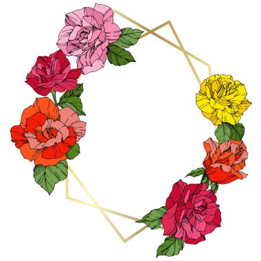 Vektör gül. Turuncu, pembe ve sarı oyulmuş mürekkep sanat. Çerçeve altın kristal. Geometrik çokgen kristal şekli.