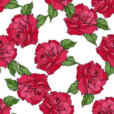 Güzel vektör gül. Vahşi Bahar bırakır. Kırmızı renk mürekkep sanat kazınmış. Sorunsuz arka plan deseni. Kumaş duvar kağıdı yazdırma doku.