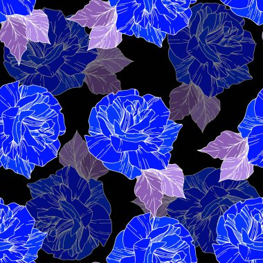 Beautiful vector roses. Wild spring leaves. Blue engraved ink art. Seamless background pattern. Fabric wallpaper print texture. clipart