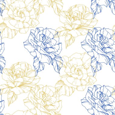 Beautiful vector roses. Golden and blue color engraved ink art. Seamless background pattern. Fabric wallpaper print texture. clipart