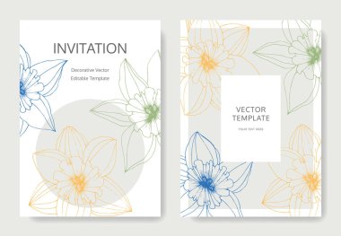 Vektör nergis çiçek. Düğün kartları çiçek dekoratif sınırları ile. Sarı oyulmuş mürekkep sanat. Teşekkür ederim, rsvp davet zarif kartları illüstrasyon grafik afiş ayarla.