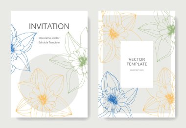 Vector Narcissus flowers. Wedding cards with floral decorative borders. Yellow engraved ink art. Thank you, rsvp, invitation elegant cards illustration graphic set banners. clipart