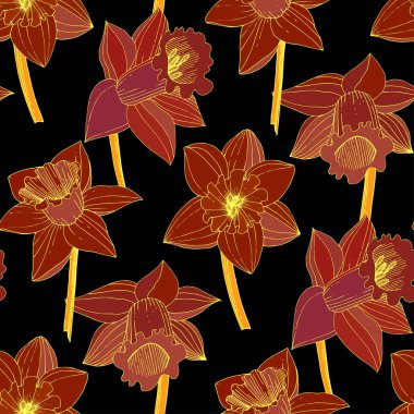 Vector Narcissus flowers. Red engraved ink art. Seamless background pattern. Fabric wallpaper print texture on black background. clipart