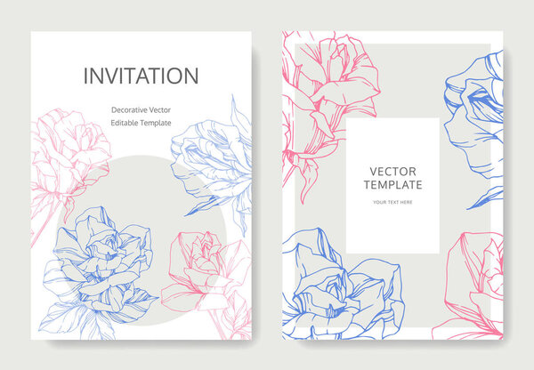 White cards with rose flowers. Wedding cards with floral decorative engraved ink art. Thank you, rsvp, invitation elegant cards illustration graphic set banners. 