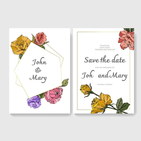 Cartões Brancos Com Flores Rosa Cartões Casamento Com Arte Tinta —  Vetores de Stock