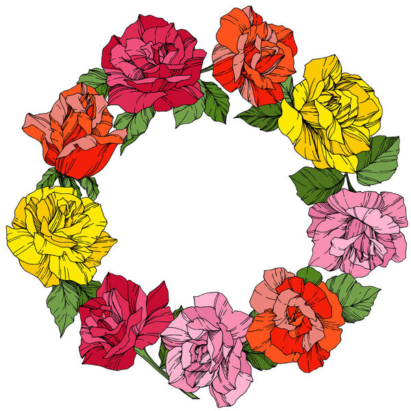 Vector Roses. Floral botanical flowers. Wild spring leaves. Red, pink and yellow engraved ink art. Frame border ornament wreath.