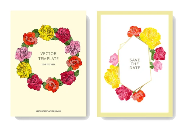 Tarjetas Blancas Con Flores Rosas Tarjetas Boda Con Arte Tinta — Vector de stock