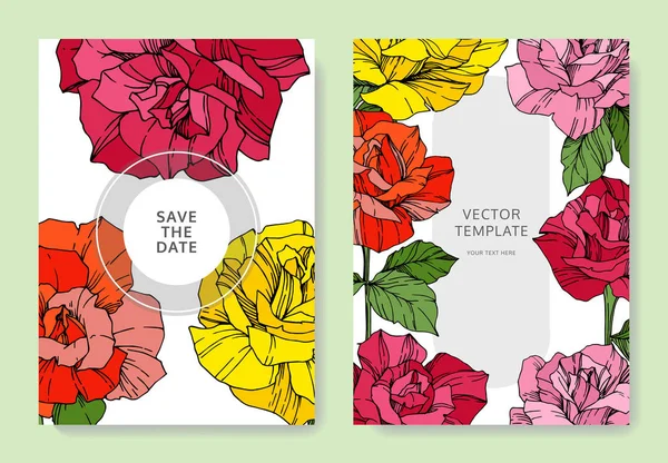 Tarjetas Blancas Con Flores Rosas Tarjetas Boda Con Arte Tinta — Vector de stock