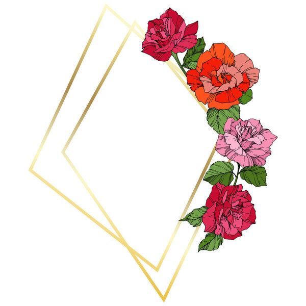 Vector Roses. Orange, pink and yellow engraved ink art. Frame golden crystal. Geometric polygon crystal shape.