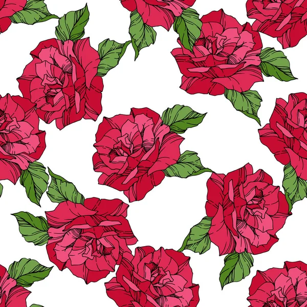 Hermosas Rosas Vectoriales Hojas Salvajes Primavera Color Rojo Grabado Arte — Vector de stock