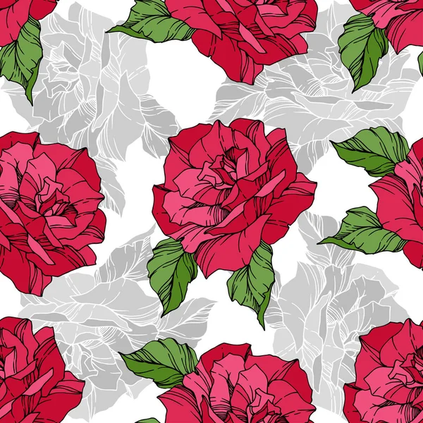 Belle Rose Vettoriali Foglie Primaverili Inchiostro Inciso Colore Rosso Art — Vettoriale Stock
