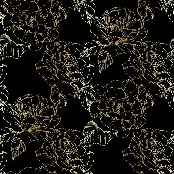 Beautiful Vector Roses Golden Engraved Ink Art Seamless Background Pattern — Stock Vector