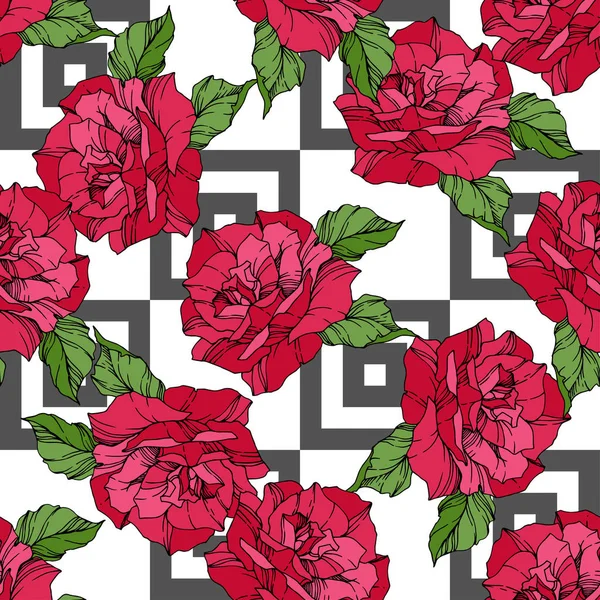 Belle Rose Vettoriali Inchiostro Inciso Colore Rosso Art Modello Sfondo — Vettoriale Stock