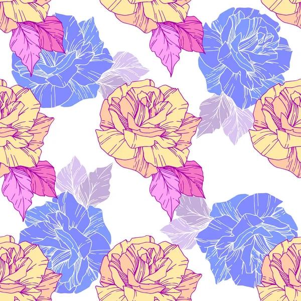 Belles Roses Vectorielles Encre Gravée Dorée Bleue Modèle Fond Sans — Image vectorielle