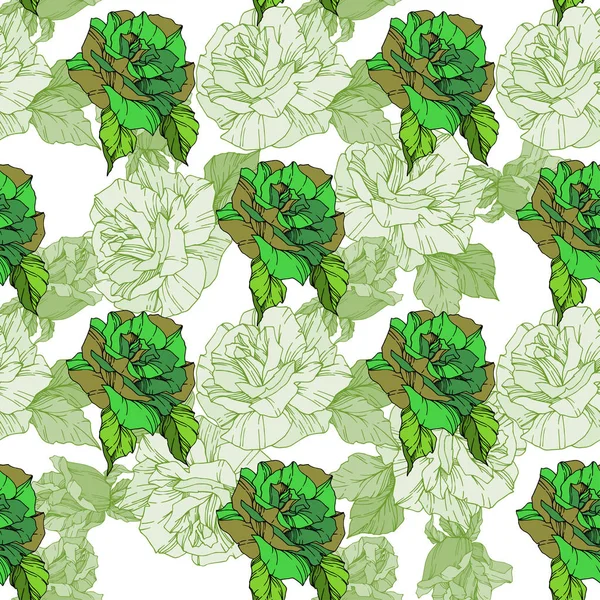 Прекрасні Векторні Троянди Зелений Колір Гравірування Чорнила Мистецтва Безшовний Візерунок — стоковий вектор