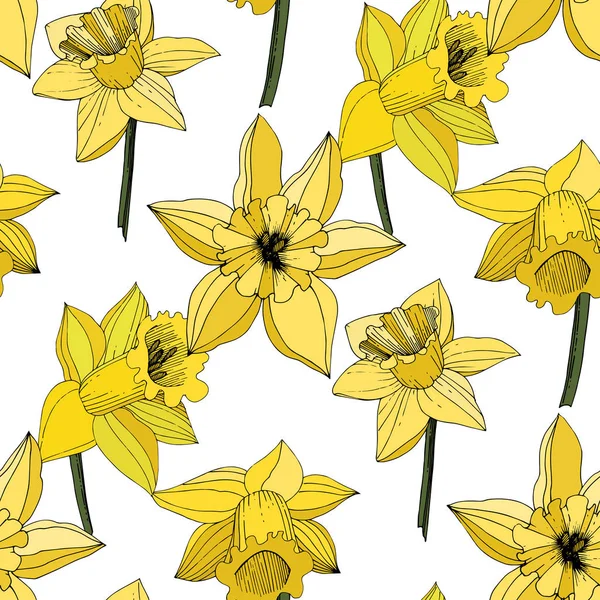 Vector Narcissus Flowers Yellow Engraved Ink Art Seamless Pattern Fabric — Stock Vector