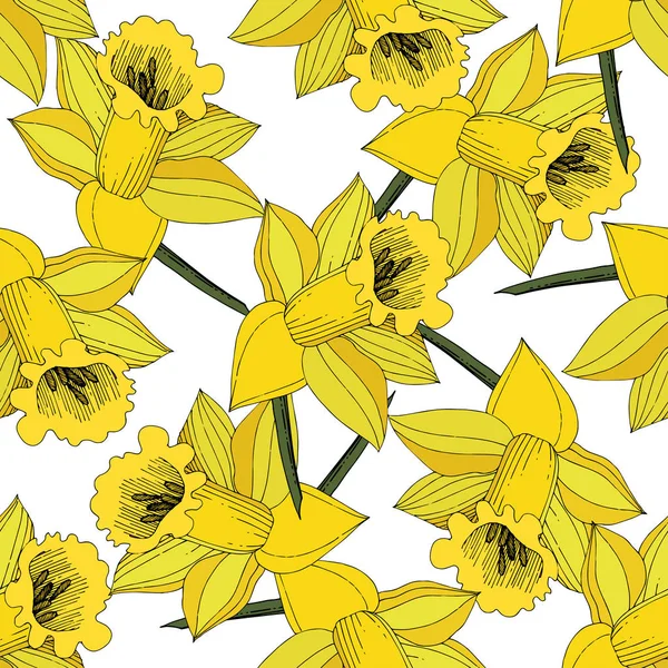 Vector Narcissus flowers. Yellow engraved ink art. Seamless pattern. Fabric wallpaper print texture on white background.