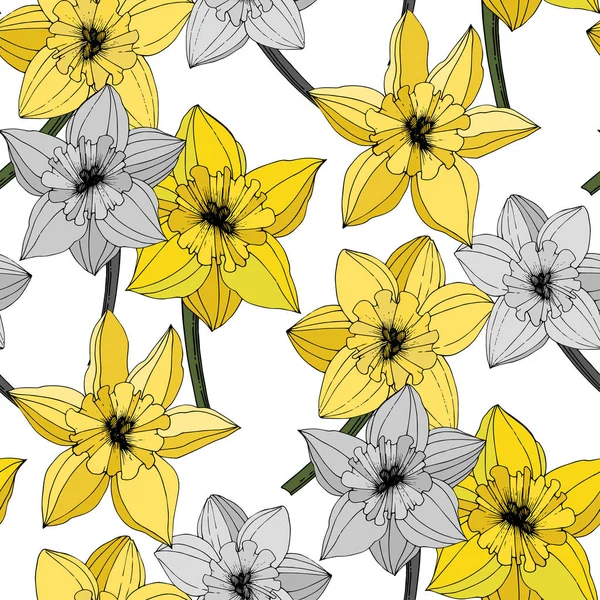 Vector Narcissus Flowers Yellow Engraved Ink Art Seamless Pattern Fabric — Stock Vector