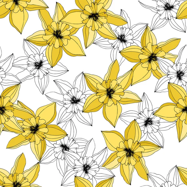 水仙の花をベクトルします 黄色の刻まれたインク アート シームレス パターン 生地の壁紙が白い背景のテクスチャを印刷します — ストックベクタ