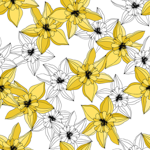 Vector Narcissus flowers. Yellow engraved ink art. Seamless pattern. Fabric wallpaper print texture on white background.