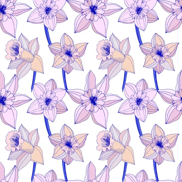 Vector Narcissus flowers. Purple engraved ink art. Seamless background pattern. Fabric wallpaper print texture on white background.