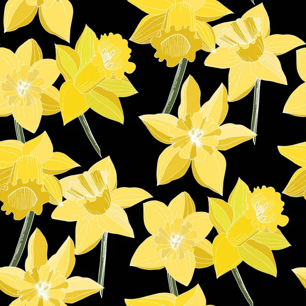 Vector Narcissus Flowers Yellow Engraved Ink Art Seamless Background Pattern — Stock Vector