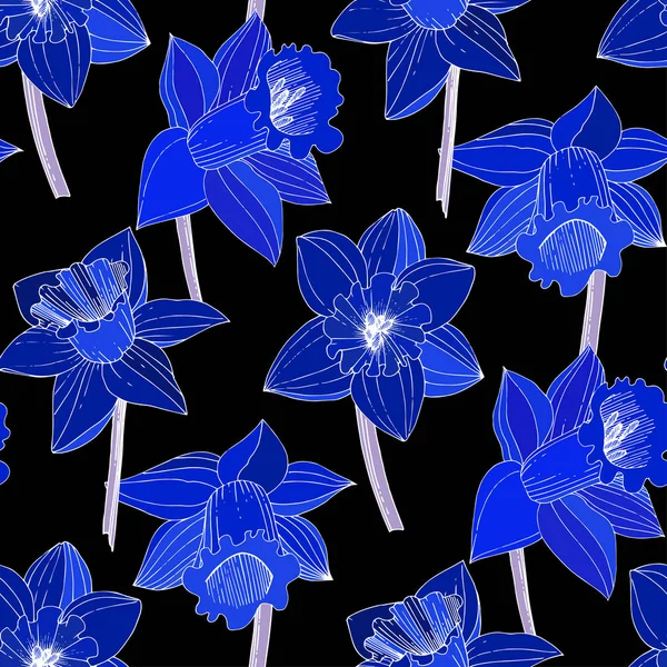 Narzissenblüten Blau Eingravierte Tuschekunst Nahtlose Hintergrundmuster Stofftapete Druck Textur Auf — Stockvektor