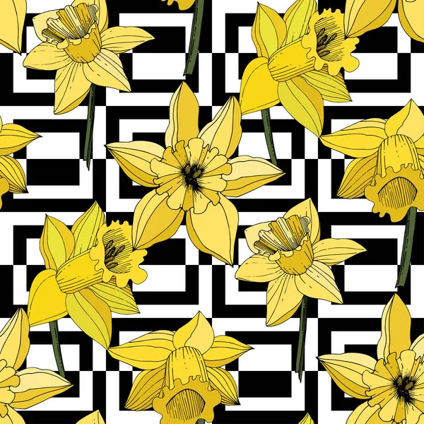 Vector Narciso Flores Tinta Amarilla Grabada Patrón Sin Costuras Textura — Vector de stock