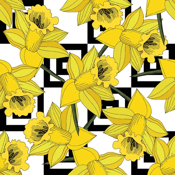 Vektorové Květiny Narcis Žlutá Inkoustová Ryté Umění Vzor Bezešvé Látkové — Stockový vektor