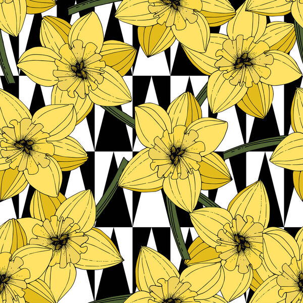 Vector Narcissus flowers. Yellow engraved ink art. Seamless pattern. Fabric wallpaper print texture on white background.