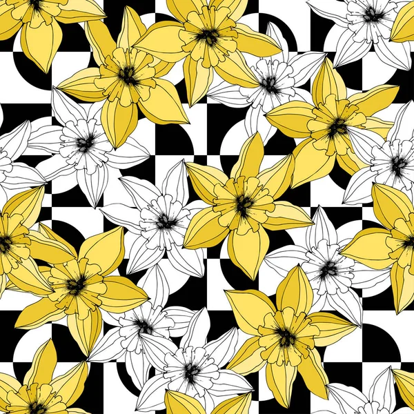 Vector Narcissus flowers. Yellow engraved ink art. Seamless pattern. Fabric wallpaper print texture on white background.