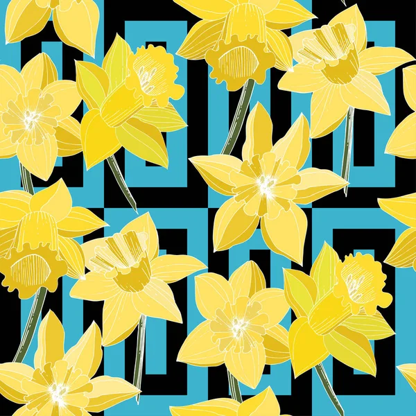 Vector Narciso Flores Tinta Amarilla Grabada Patrón Sin Costuras Textura — Vector de stock