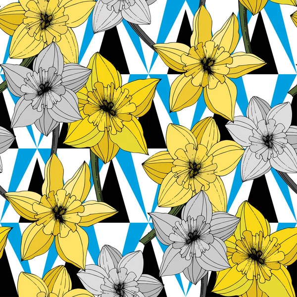 Vector Narcissus Flowers Yellow Engraved Ink Art Seamless Pattern Fabric — Stock Vector