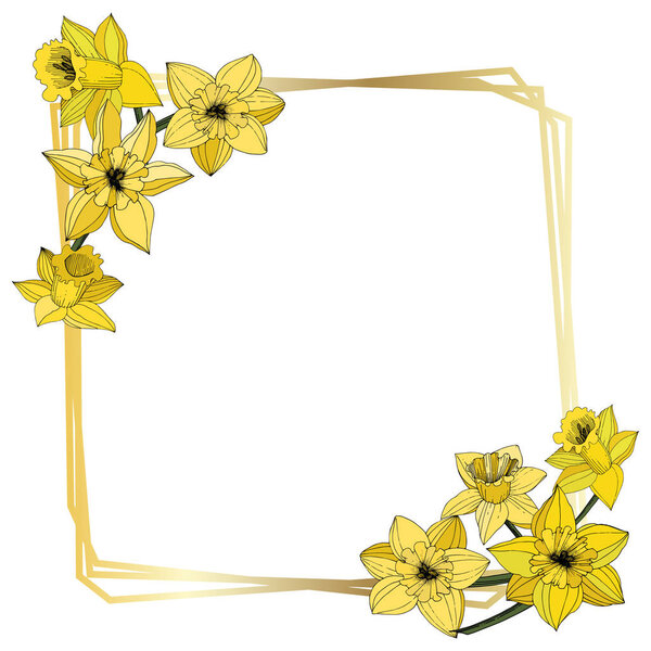 Vector Narcissus flowers. Yellow engraved ink art. Frame border ornament on white background polyhedron mosaic shape.