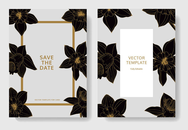 Vector Narcissus flowers. Wedding cards with floral decorative borders. Black and white engraved ink art. Thank you, rsvp, invitation elegant cards illustration graphic set banners.
