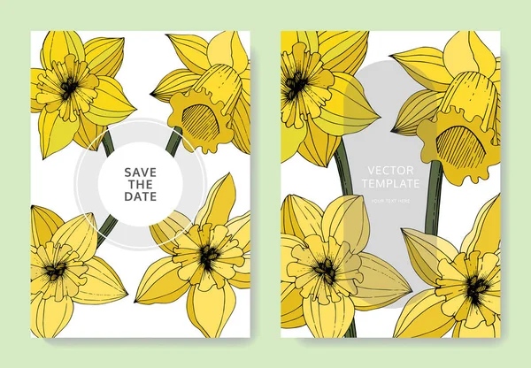 向量水仙花 带有花卉装饰边框的婚礼卡片 黄色雕刻水墨艺术 谢谢你 Rsvp 邀请优雅的卡插图图形集横幅 — 图库矢量图片