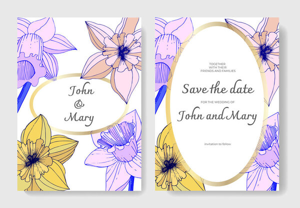 Vector Narcissus flowers. Wedding cards with floral decorative borders. Yellow and purple engraved ink art. Thank you, rsvp, invitation elegant cards illustration graphic set.