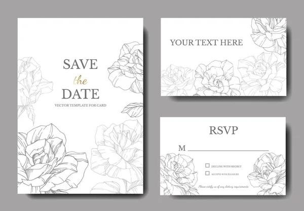 White Cards Rose Flowers Wedding Cards Floral Decorative Engraved Ink — Stock Vector