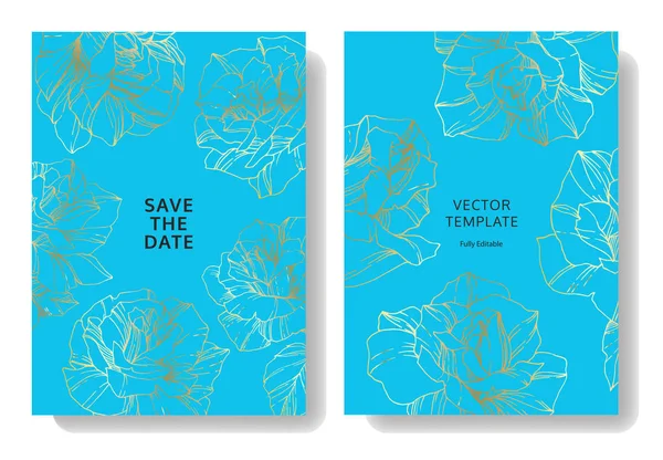 Vector Blue cards with rose flowers. Wedding cards with floral decorative engraved ink art. Thank you, rsvp, invitation elegant cards illustration graphic set. — Stock Illustration Vector Blue Cards Rose Flowers Wedding Cards Floral Decorative Engraved Stock Vector